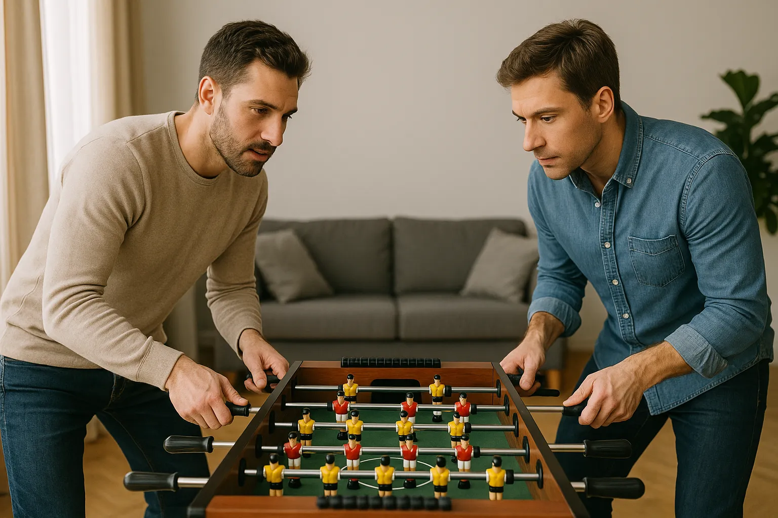 eine Gruppe von Menschen, die an Tischfußball spielen